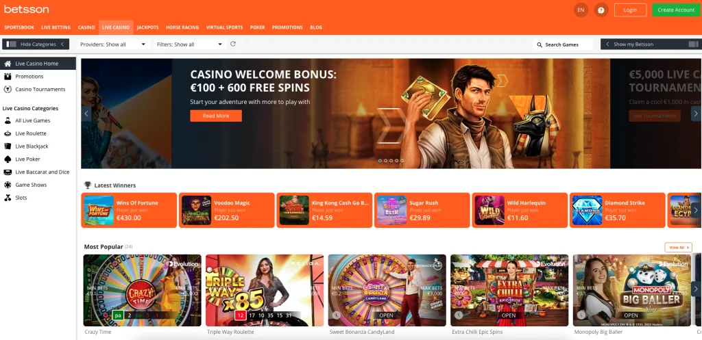 Betsson interface